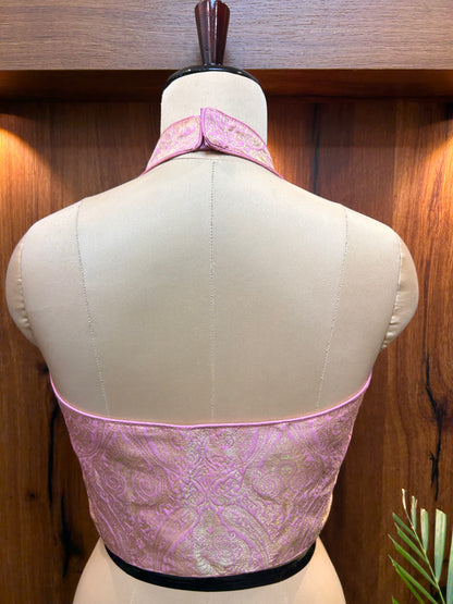 Blush Pink Brocade Halter Neck Designer Blouse