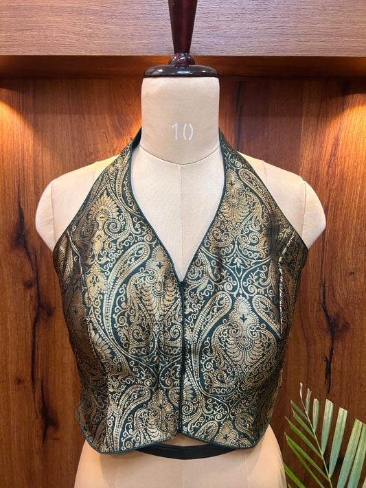 Teal & Antique Gold Brocade Designer Blouse