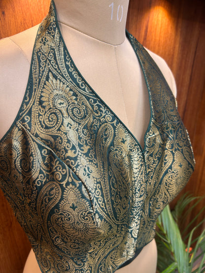 Teal & Antique Gold Brocade Designer Blouse