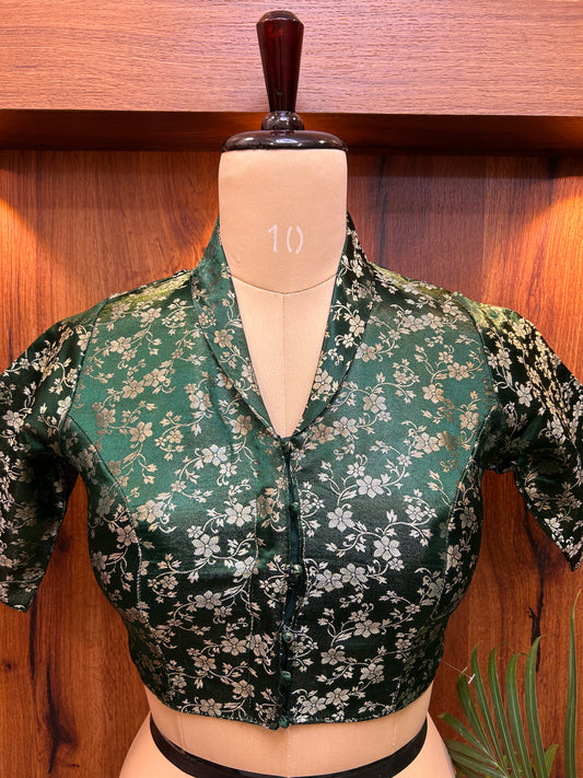 Emerald Green Floral Brocade Designer Blouse