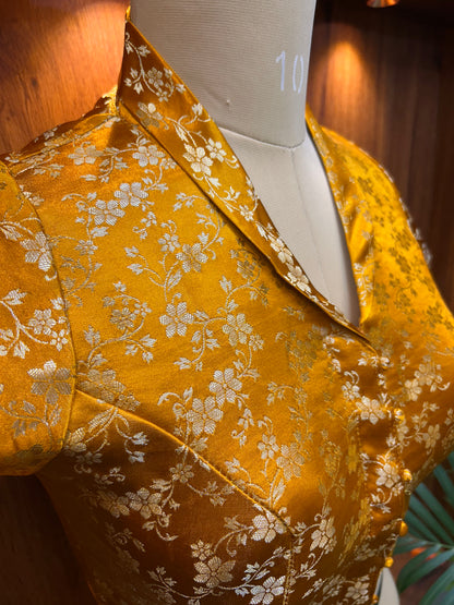 Mustard Gold Floral Brocade Designer Blouse