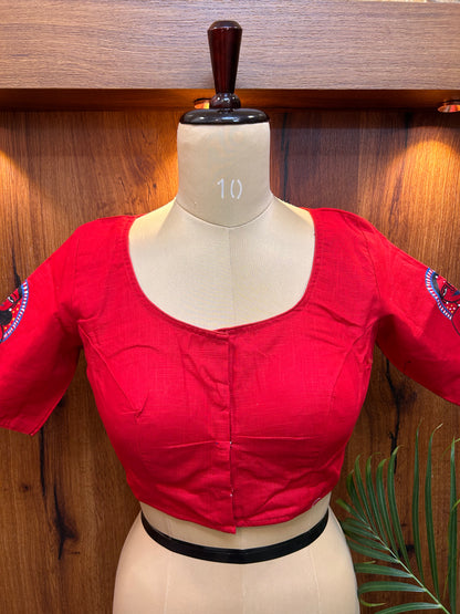 Crimson Red Hand-Painted Tribal Art Cotton Silk Blouse