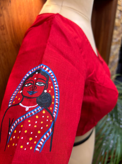 Crimson Red Hand-Painted Tribal Art Cotton Silk Blouse