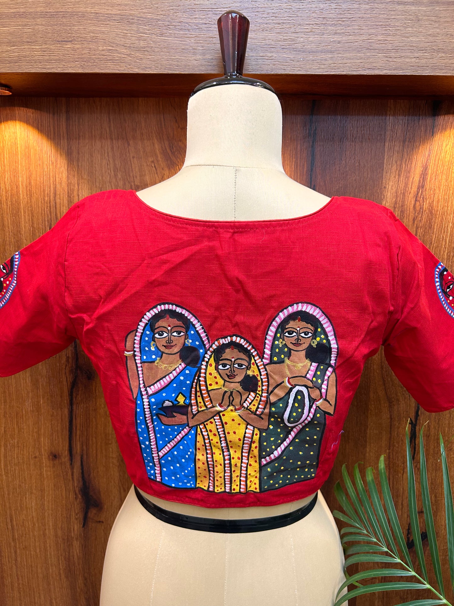 Crimson Red Hand-Painted Tribal Art Cotton Silk Blouse