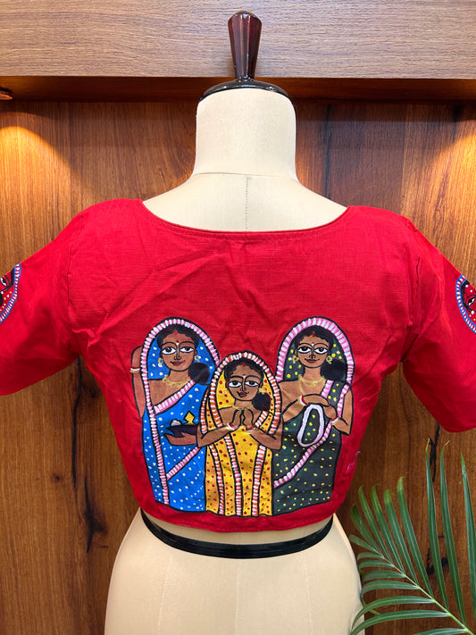 Crimson Red Hand-Painted Tribal Art Cotton Silk Blouse