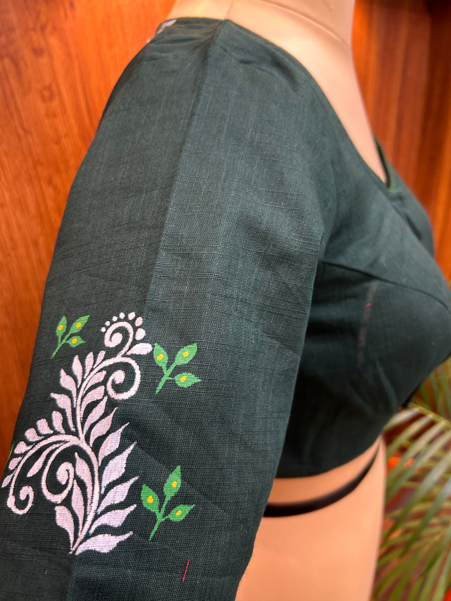 Deep Forest Green Hand-Painted Designer Blouse