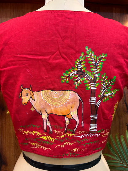 Hand-Painted Rustic Village Art Cotton Silk Blouse - Crimson Red