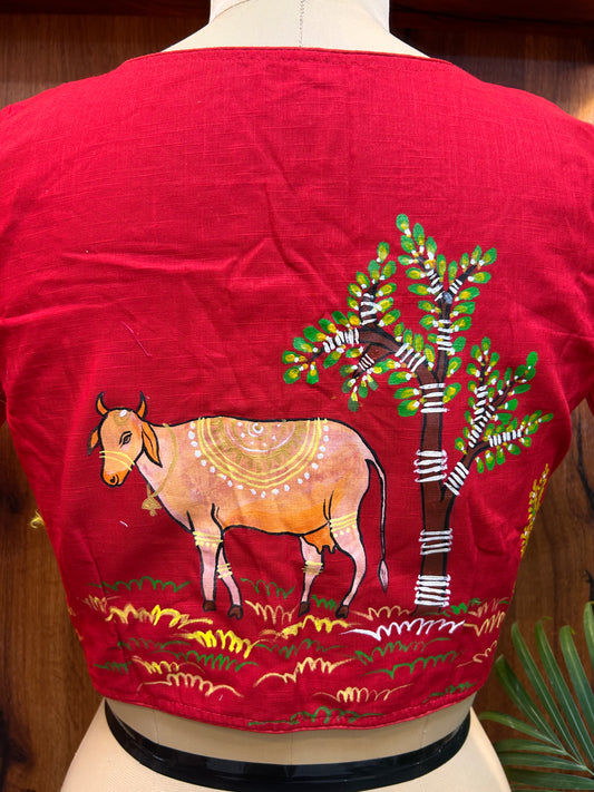 Hand-Painted Rustic Village Art Cotton Silk Blouse - Crimson Red