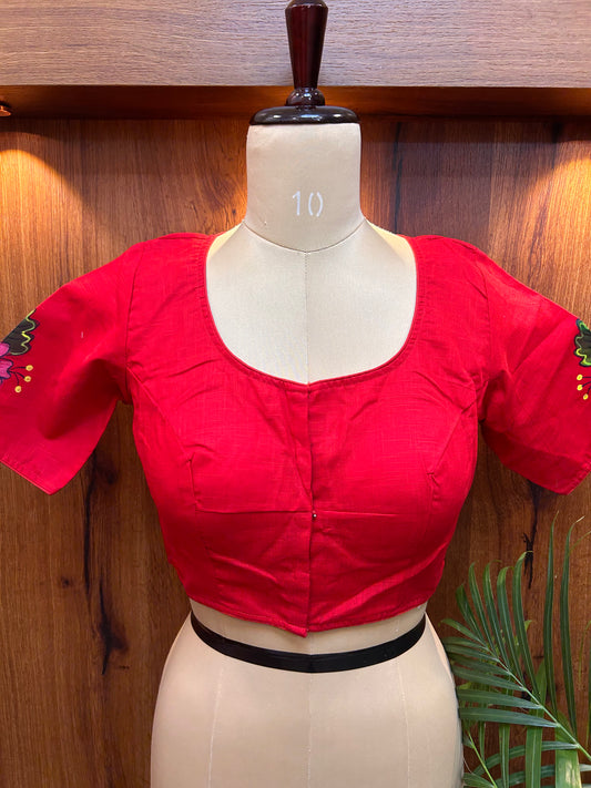 Crimson Red Hand-Painted Floral Cotton Silk Blouse