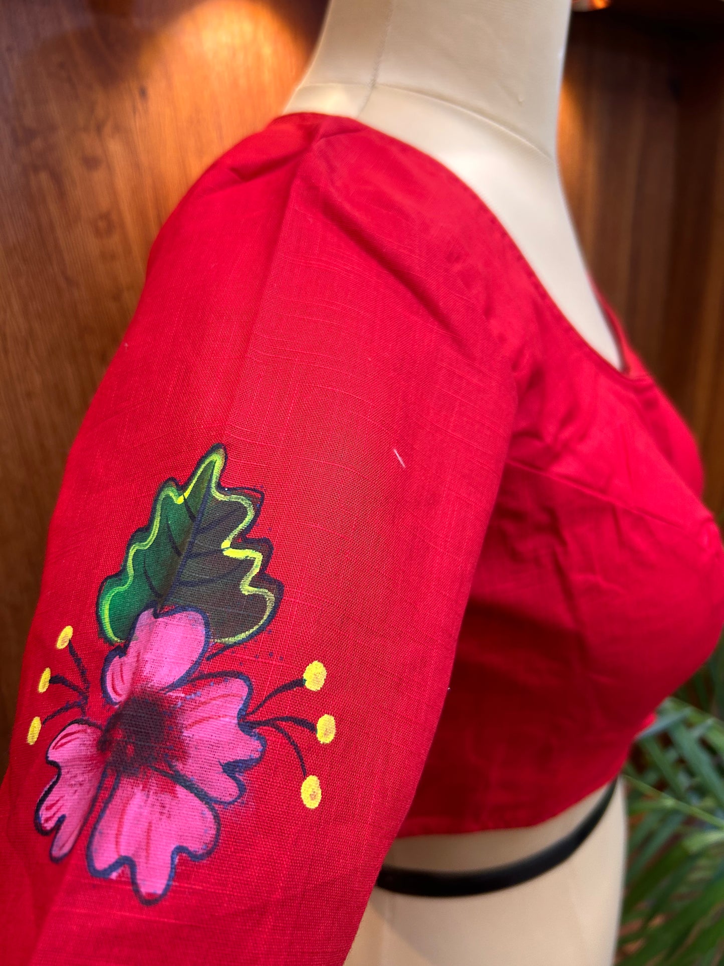 Crimson Red Hand-Painted Floral Cotton Silk Blouse