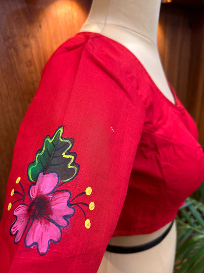 Crimson Red Hand-Painted Floral Cotton Silk Blouse
