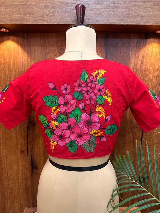 Crimson Red Hand-Painted Floral Cotton Silk Blouse