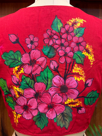 Crimson Red Hand-Painted Floral Cotton Silk Blouse