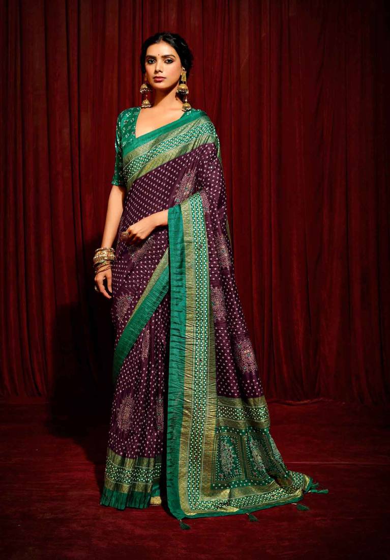 Bandhini Digital Print Semi Silk Saree - Wine and Turquoise Blue