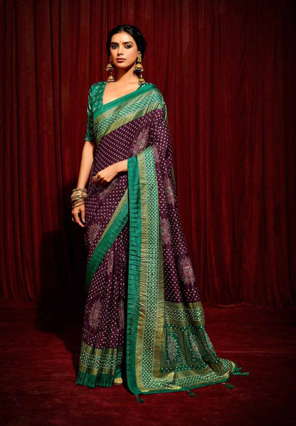 Bandhini Digital Print Semi Silk Saree - Wine and Turquoise Blue