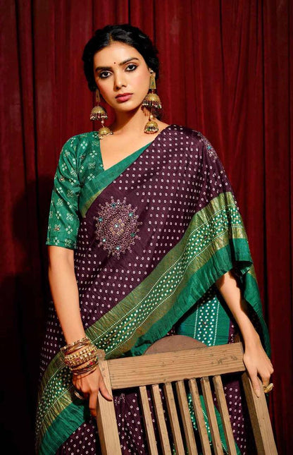 Bandhini Digital Print Semi Silk Saree - Wine and Turquoise Blue