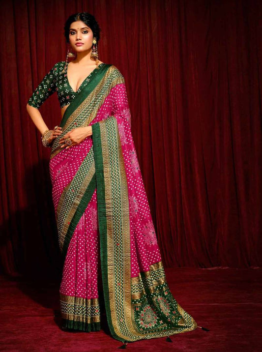 Bandhini Digital Print Semi Silk Saree - Pink and Green