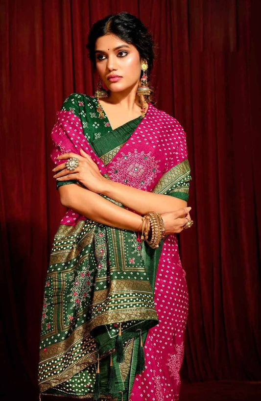 Bandhini Digital Print Semi Silk Saree - Pink and Green
