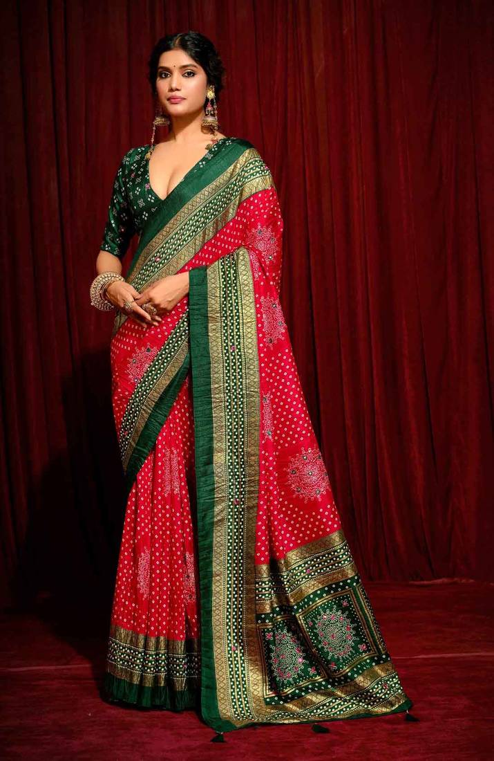 Bandhini Digital Print Semi Silk Saree - Red and Green