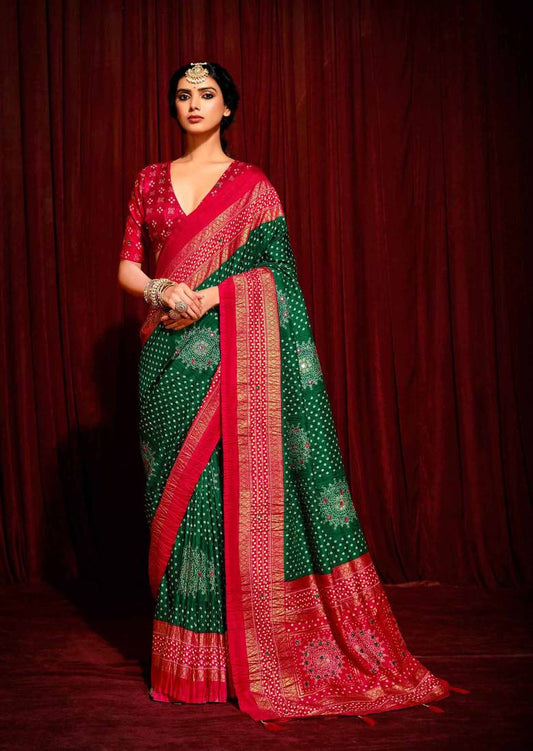 Bandhini Digital Print Semi Silk Saree - Bottle Green and Red