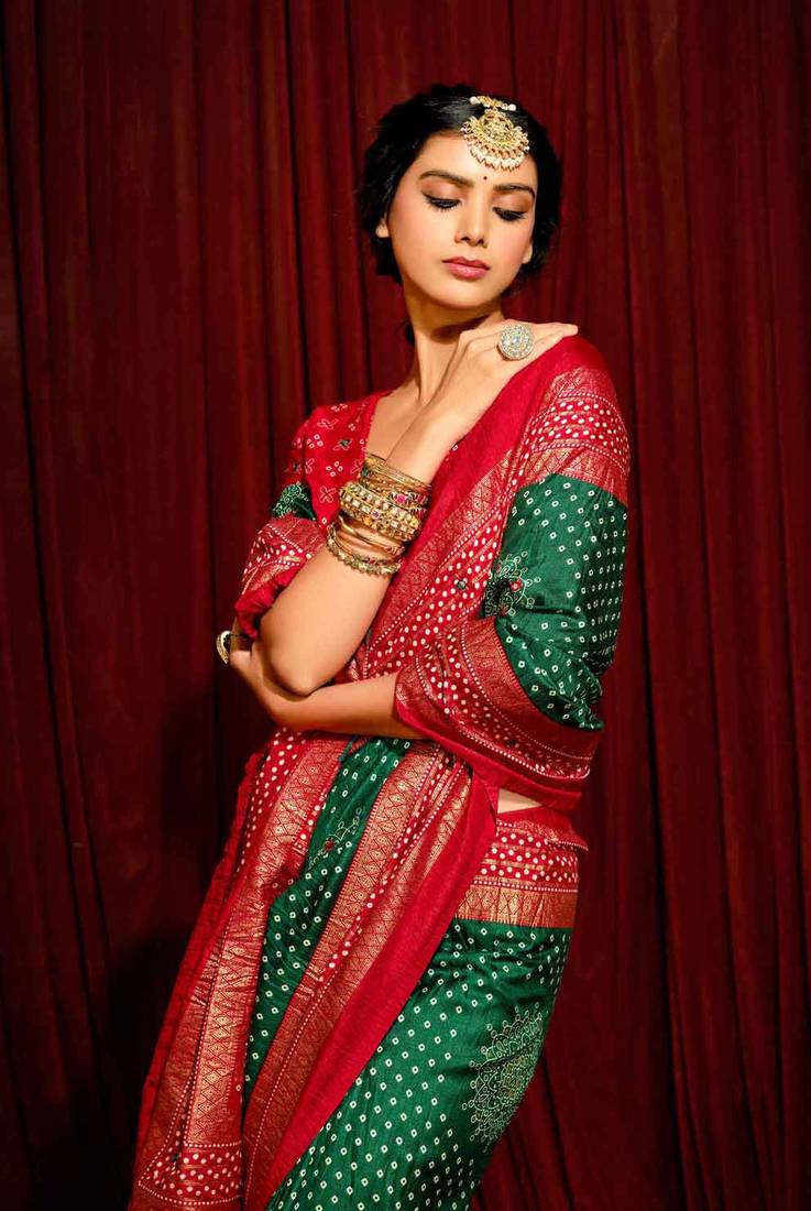 Bandhini Digital Print Semi Silk Saree - Bottle Green and Red