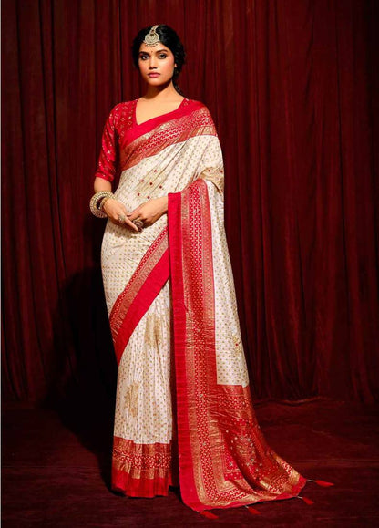 Bandhini Digital Print Semi Silk Saree – White & Red