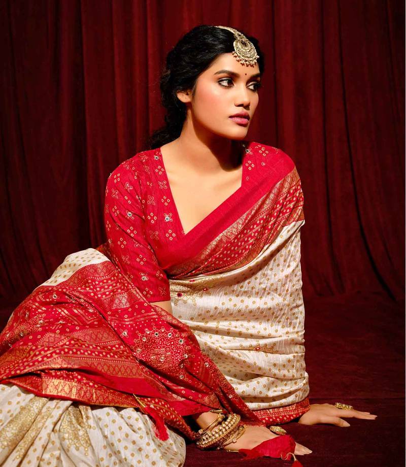 Bandhini Digital Print Semi Silk Saree – White & Red