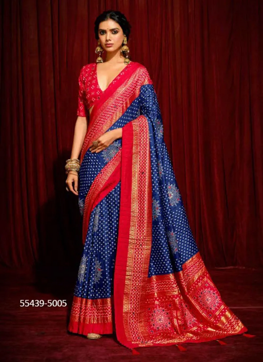 Bandhini Digital Print Semi Silk Saree - Blue and Red