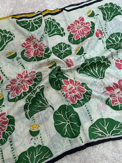 Pure Mulberry silk saree-Batik prints-Green|Silk Mark Certified