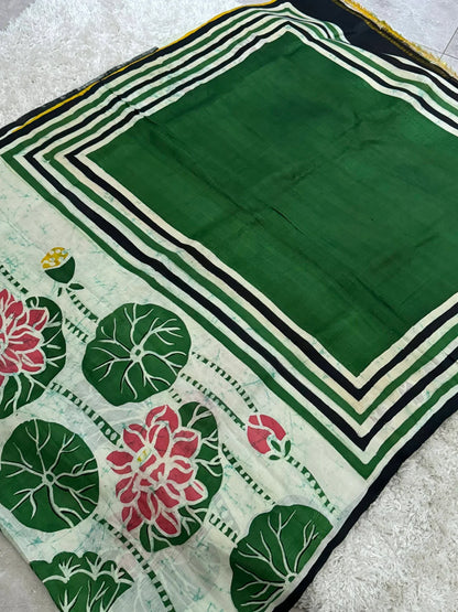Pure Mulberry silk saree-Batik prints-Green|Silk Mark Certified