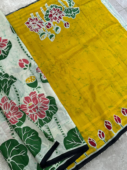 Pure Mulberry silk saree-Batik prints-Green|Silk Mark Certified