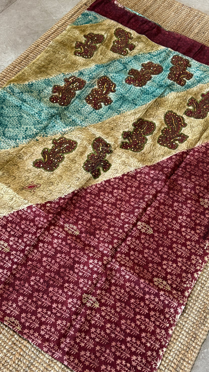 Mulberry silk saree – Partly Pallu concept - Ajrakh prints with Handwork - Green
