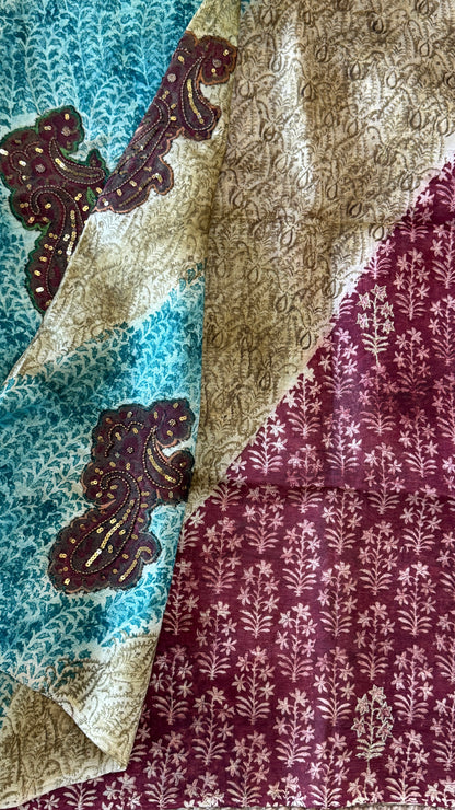 Mulberry silk saree – Partly Pallu concept - Ajrakh prints with Handwork - Green