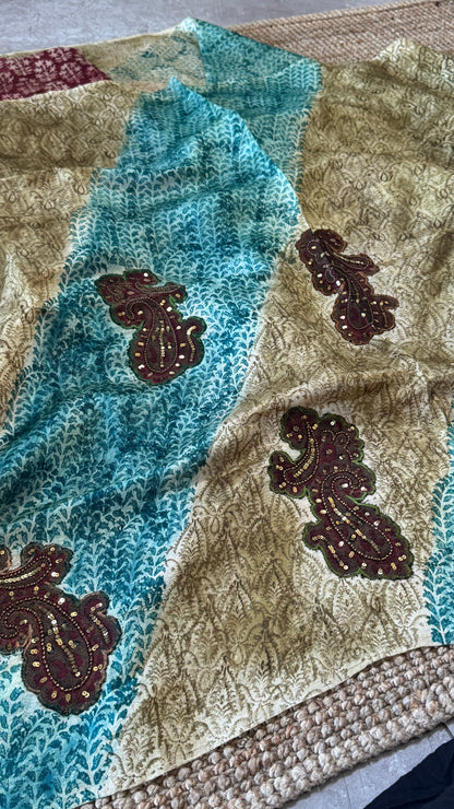 Mulberry silk saree – Partly Pallu concept - Ajrakh prints with Handwork - Green