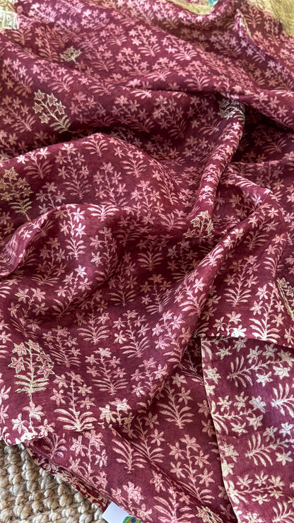 Mulberry silk saree – Partly Pallu concept - Ajrakh prints with Handwork - Green