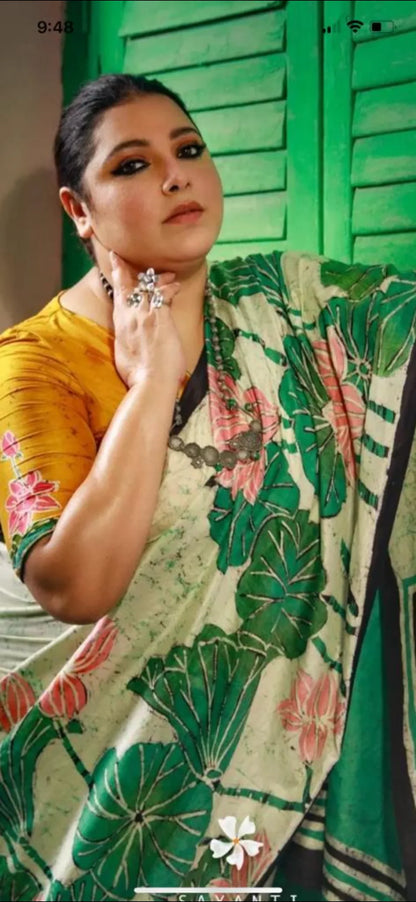 Pure Mulberry silk saree-Batik prints-Green|Silk Mark Certified