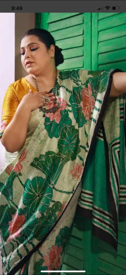 Pure Mulberry silk saree-Batik prints-Green|Silk Mark Certified