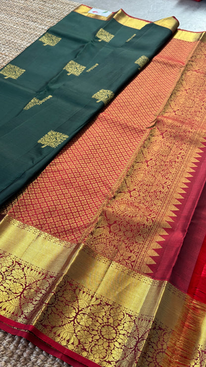 Bottle Green Pure Kanchipuram Silk Saree with Contrast Red Pallu & Border | Silk Mark Certified