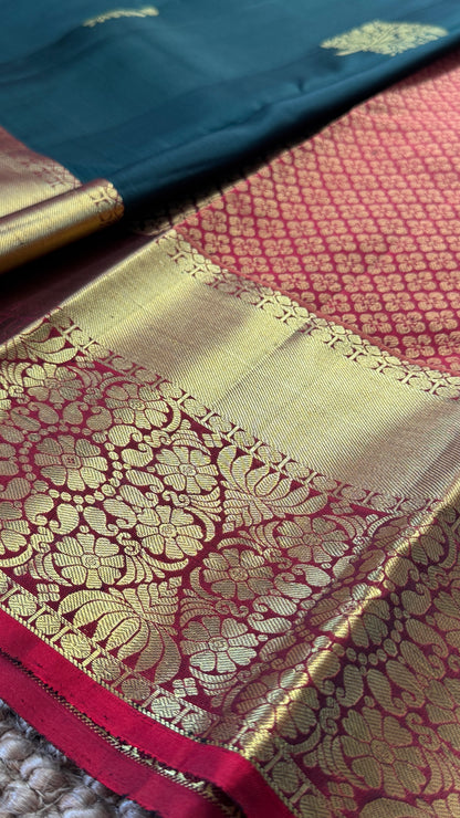 Bottle Green Pure Kanchipuram Silk Saree with Contrast Red Pallu & Border | Silk Mark Certified