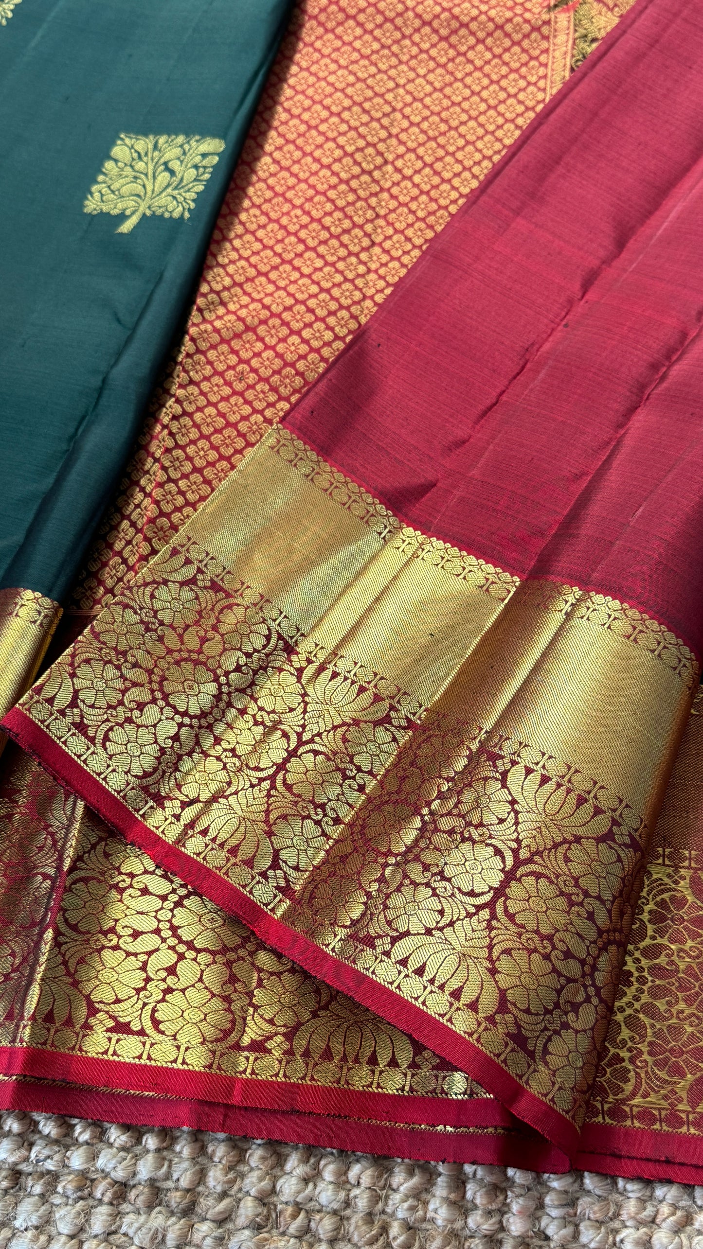 Bottle Green Pure Kanchipuram Silk Saree with Contrast Red Pallu & Border | Silk Mark Certified
