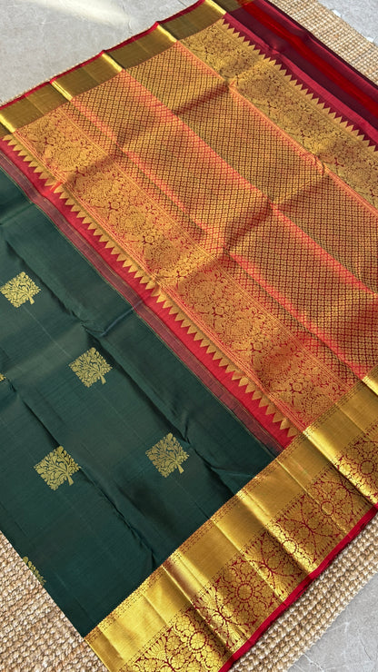 Bottle Green Pure Kanchipuram Silk Saree with Contrast Red Pallu & Border | Silk Mark Certified