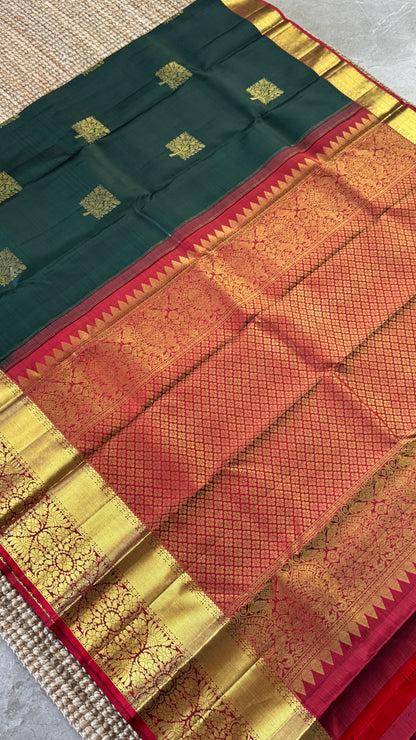 Bottle Green Pure Kanchipuram Silk Saree with Contrast Red Pallu & Border | Silk Mark Certified
