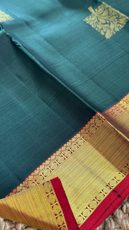 Bottle Green Pure Kanchipuram Silk Saree with Contrast Red Pallu & Border | Silk Mark Certified