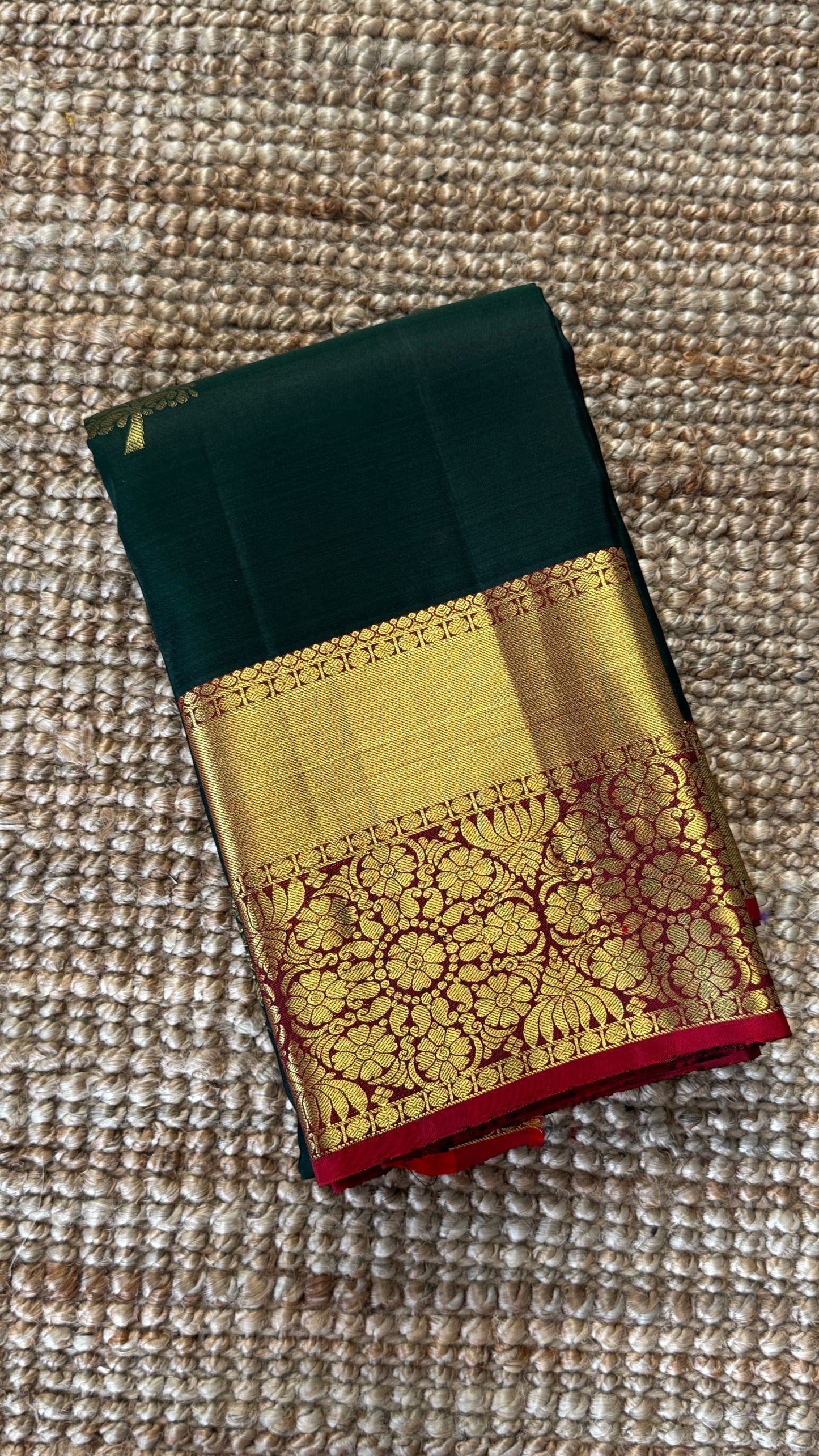 Bottle Green Pure Kanchipuram Silk Saree with Contrast Red Pallu & Border | Silk Mark Certified