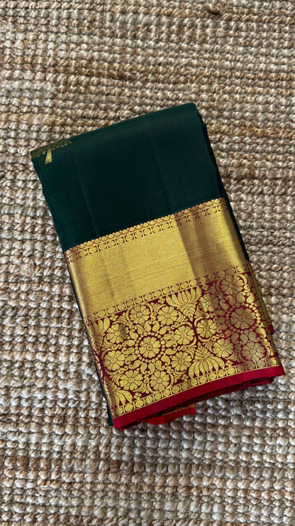Bottle Green Pure Kanchipuram Silk Saree with Contrast Red Pallu & Border | Silk Mark Certified