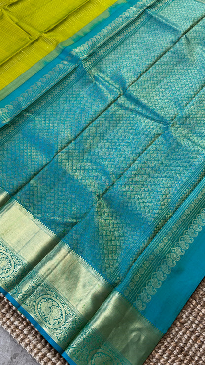 Green Pure Kanchipuram Silk Saree with Contrast Rama Blue Border | Silk Mark Certified
