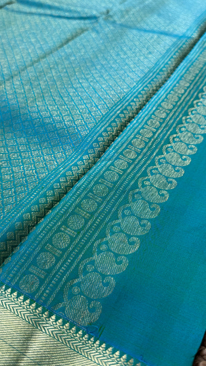 Green Pure Kanchipuram Silk Saree with Contrast Rama Blue Border | Silk Mark Certified