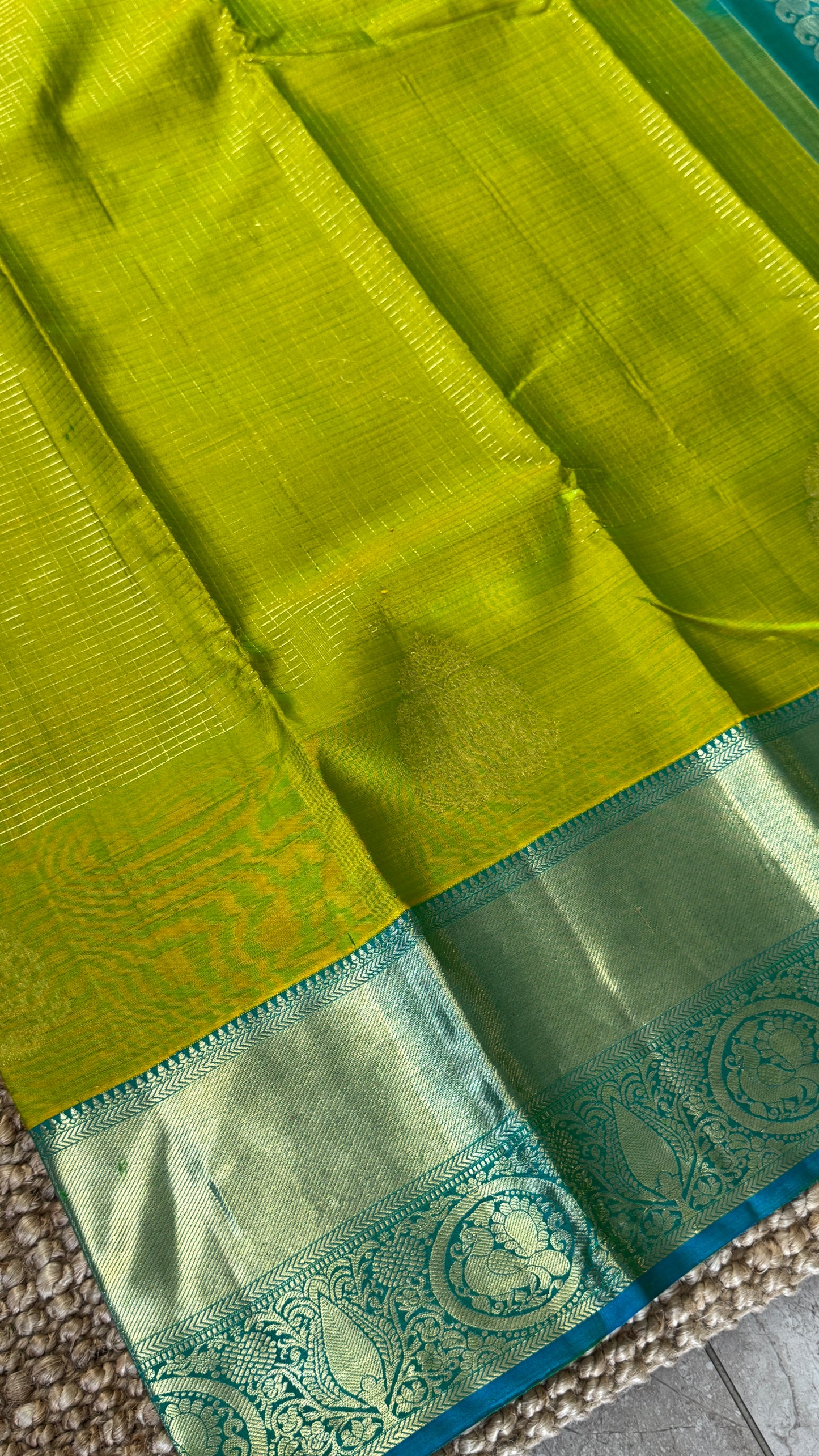 Green Pure Kanchipuram Silk Saree with Contrast Rama Blue Border | Silk Mark Certified