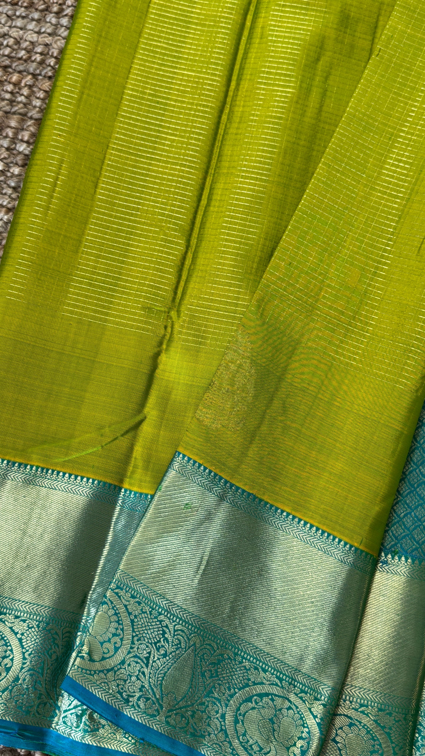 Green Pure Kanchipuram Silk Saree with Contrast Rama Blue Border | Silk Mark Certified