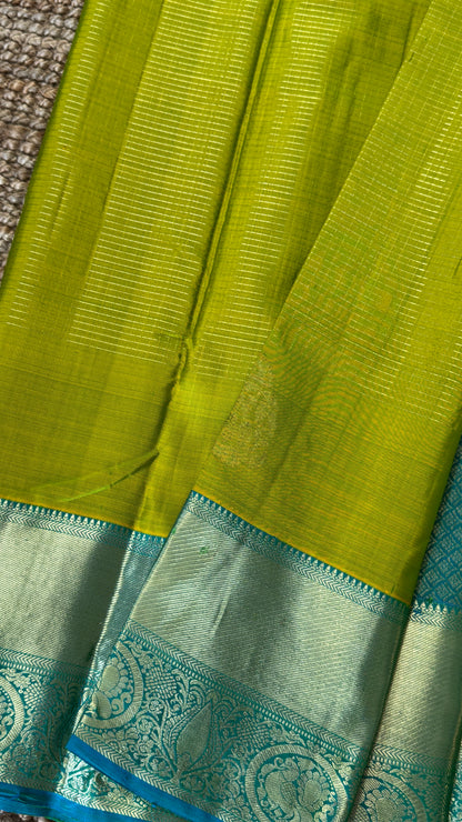 Green Pure Kanchipuram Silk Saree with Contrast Rama Blue Border | Silk Mark Certified